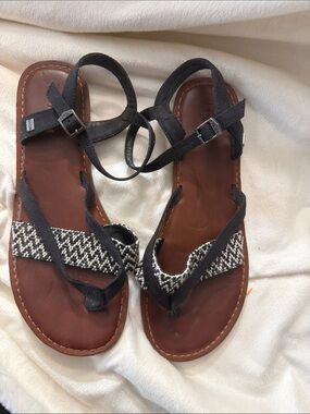Toms Black and Brown Woven Strap Leather Sandals - Women